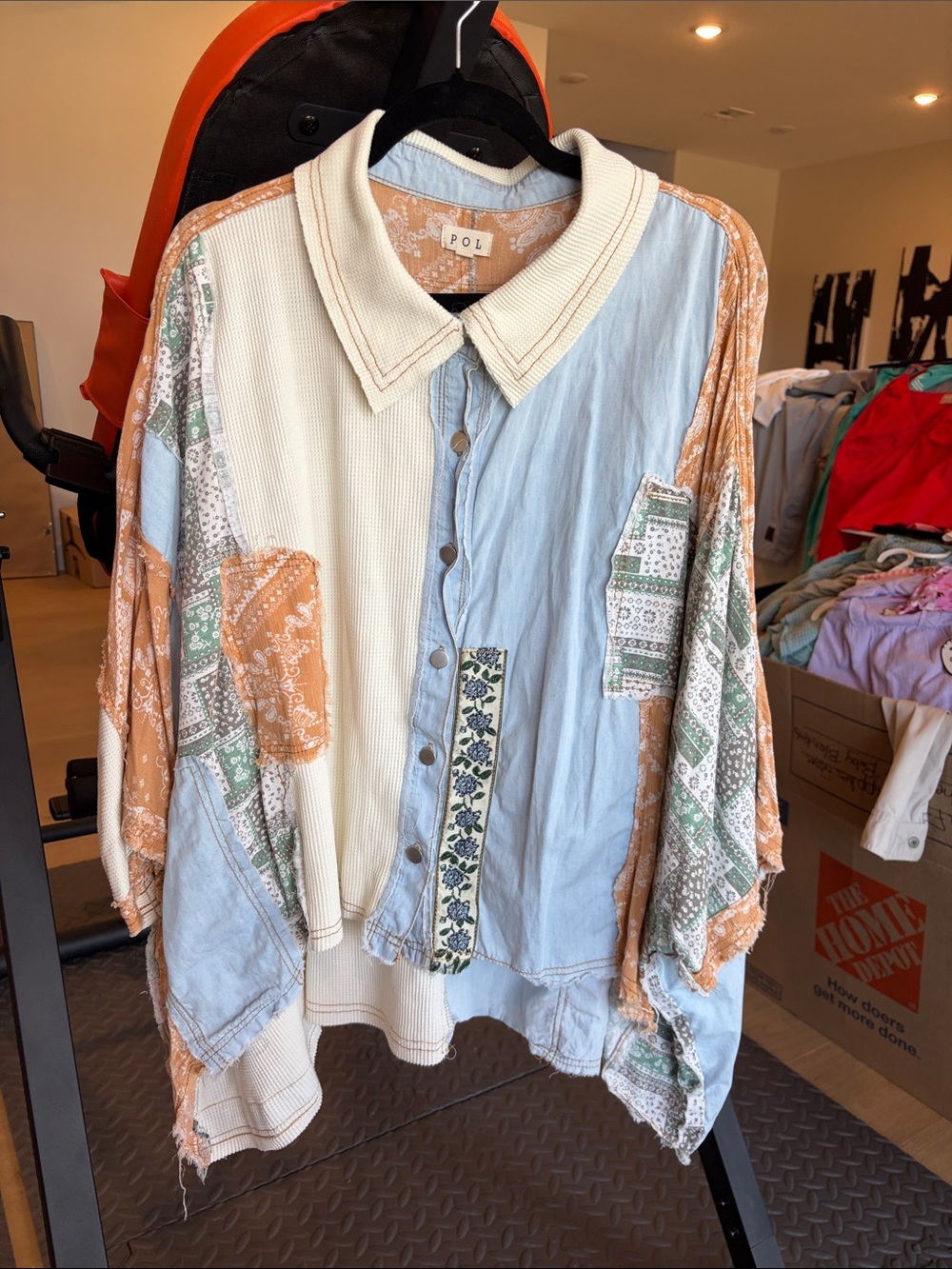 POL Patchwork Button-Front Blouse — Blue, Cream, Tan, Green